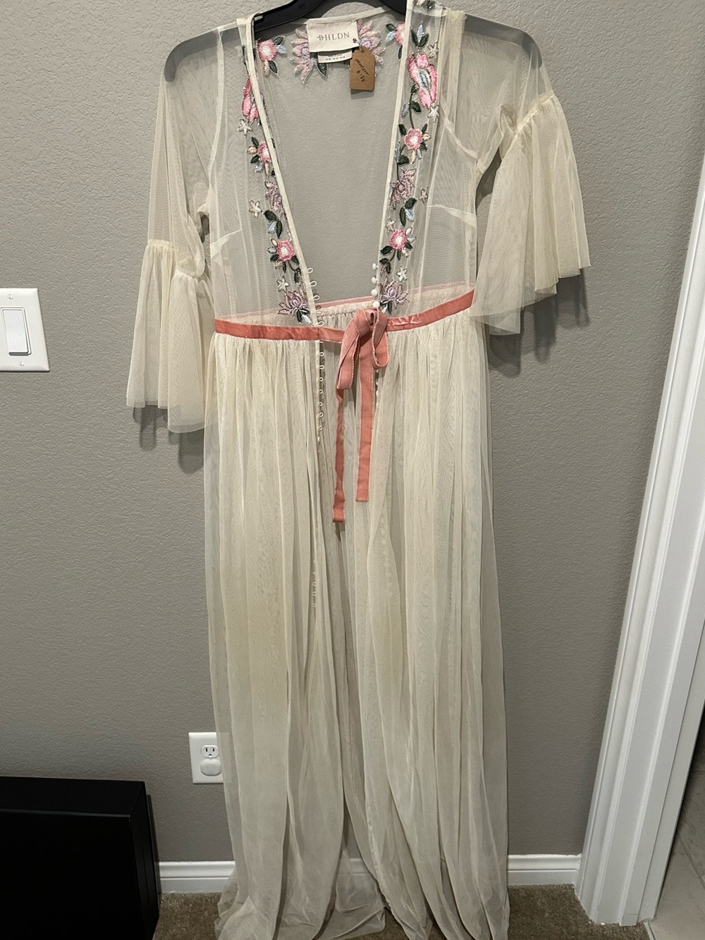 BHLDN Ivory Sheer Floral Embroidered Mesh Robe with Pink Accents - Picture 1 of 3